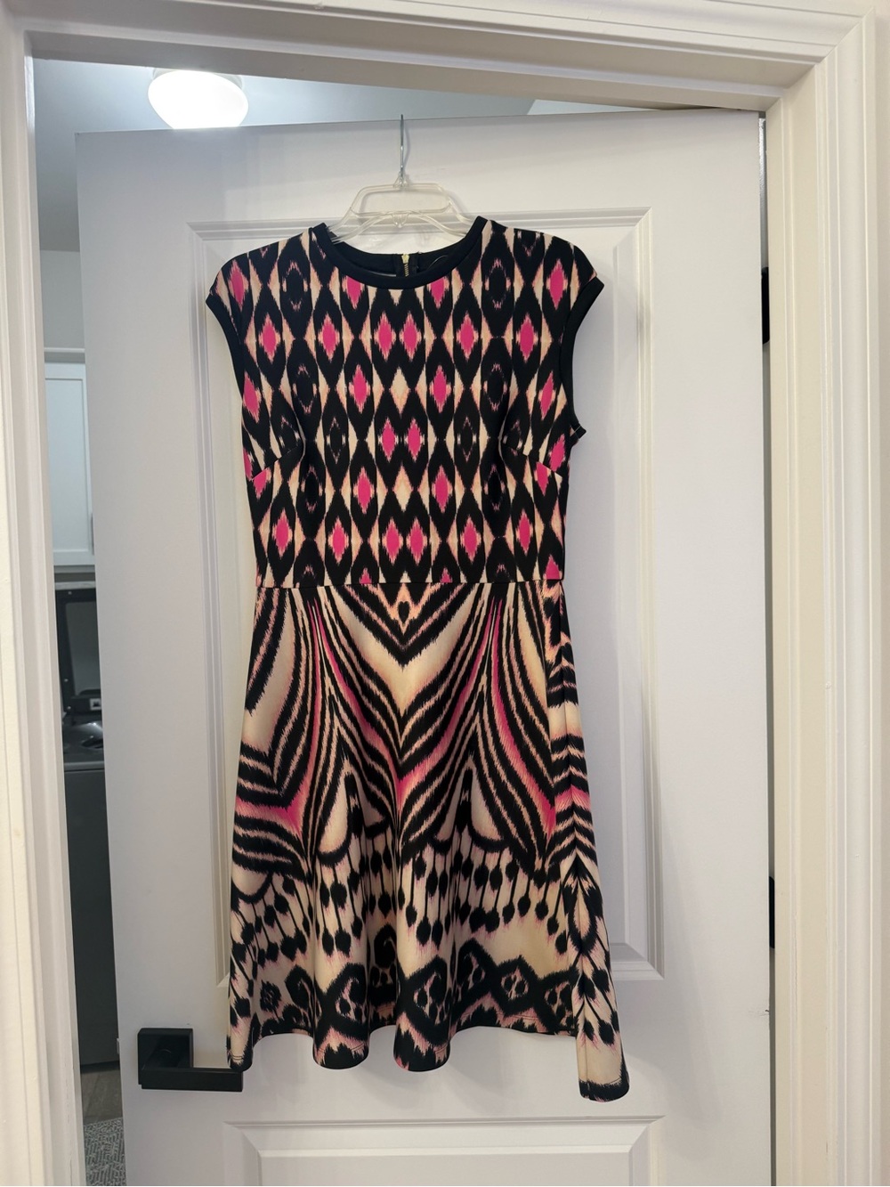 Taylor Black, Pink & Cream Patterned Midi Fit-and-Flare Dress